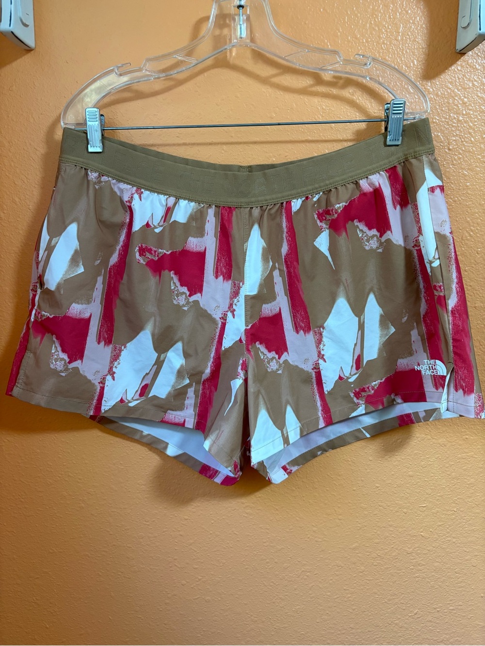 The North Face Women’s Athletic Shorts in Tan, Pink & White Abstract Print